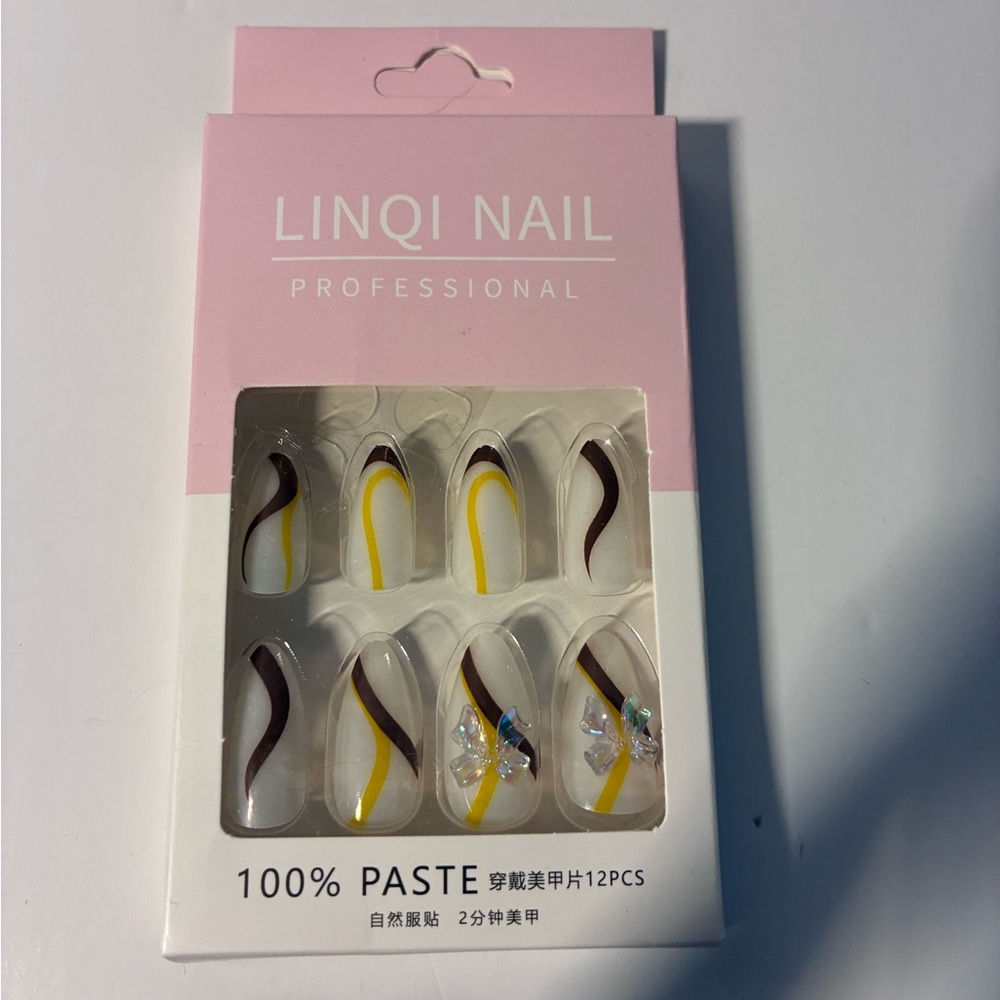 LINQI NAIL Professional Yellow and Brown Swirl Press-On Nails
